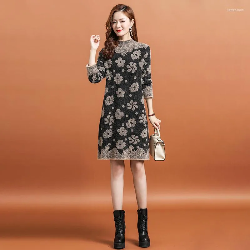 Casual Jurken Vintage Jacquard Bloemen Nerts Kasjmier Trui Jurk Vrouwen Herfst Winter Kleding Losse Dikke Warme Bodem Gebreide Vestidos