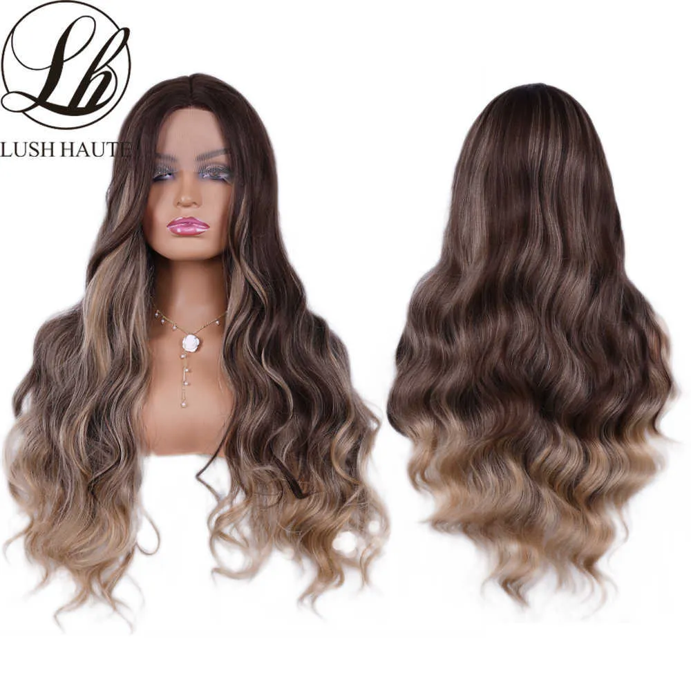 Long Wavy Brown to Blonde Lace Wigs 13X4X1 T Part Lace Wigs Synthetic Natural Daily Dark Roots Heat Resistant Fiber Wigs 230524