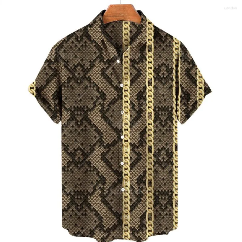 Mäns avslappnade skjortor Golden Chain Hawaiian Shirt 3D Print Men's Women's Beach Blus Vocation Lapel Luxury Camisas