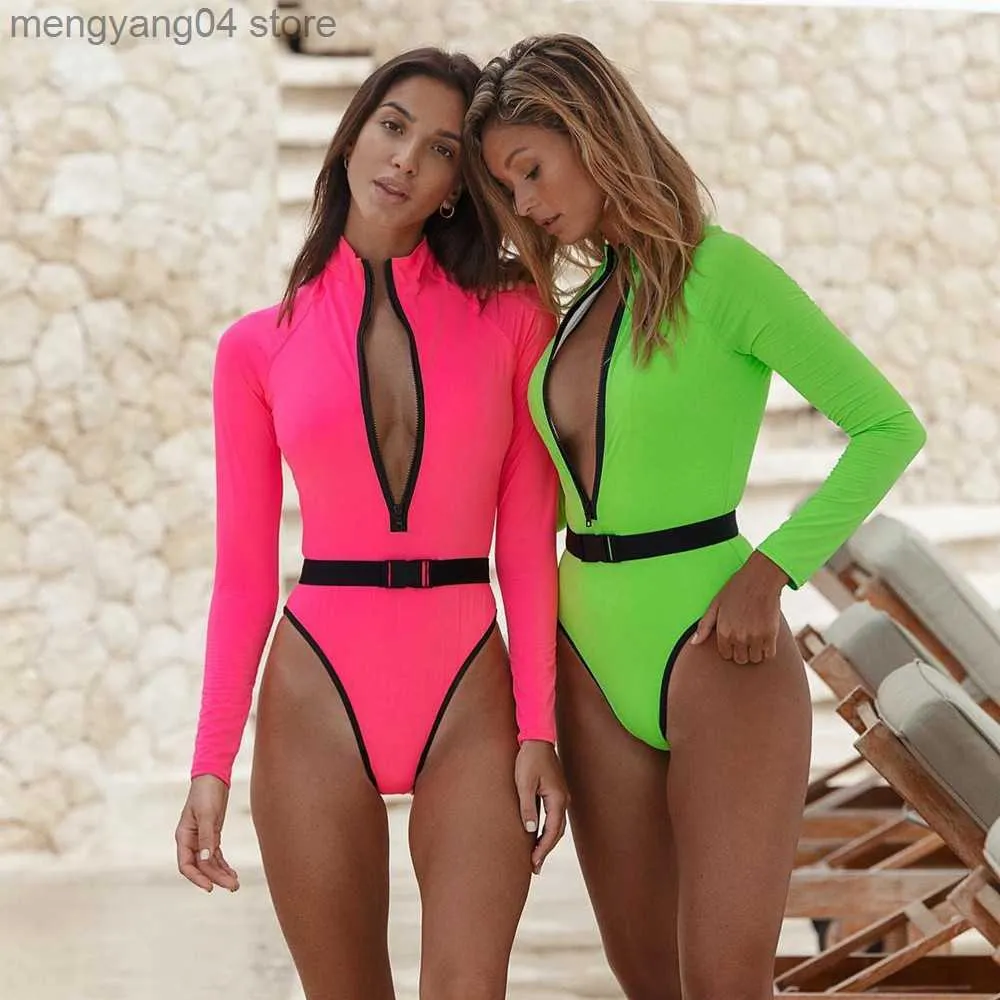 Women's Swimwear Sexy Deep V Neck Women's Wimsuit Solid Color Long Sleeve Monokini Fashion Women Swimwear One Piece Bodysuit Beach Bathing Suit T230606