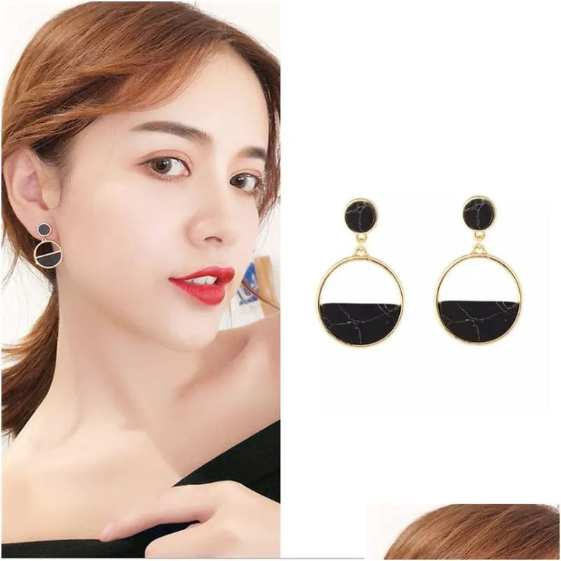 Stud Handmade Fashion Simple Geometric Circar Earrings Black White Marble Long Earring Round Design Punk Ear Jewelry Brincos Drop Del Dhhty