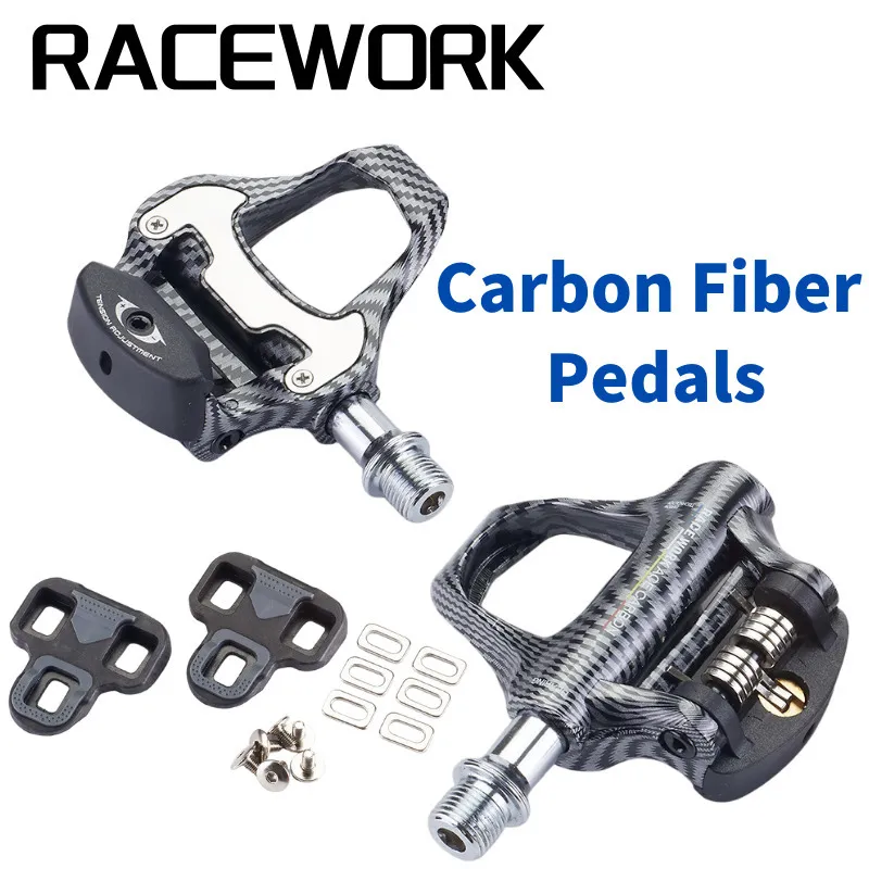 Bike Pedals RACEWORK Carbon Fiber Road Bicycle Pedals with Bearings forLOOKKeo and SPD System Locking Ultra-Light Pedals Cycling Parts 230606