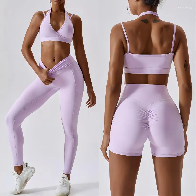 Active Sets Sportswear Woman Gym Set Sexy Halter Bra Push Up Short Suit For Fitness Sport Top Leggings Workout Clothes Yoga Tracksuit