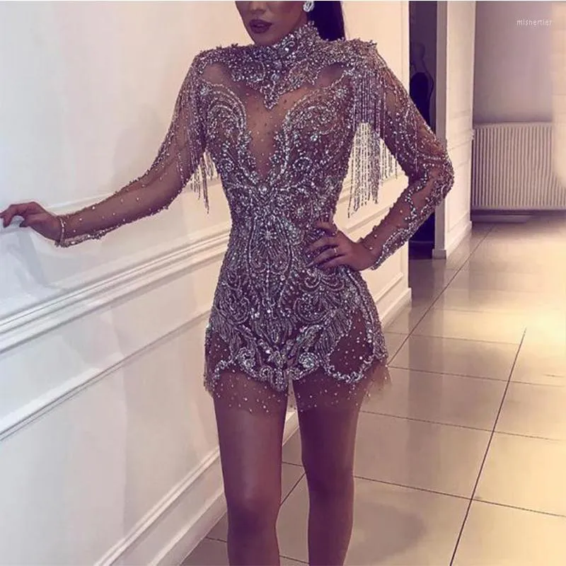 Casual Dresses Luxury Bling Silver Evening See Through For Women 2023 Mesh Patchwork Backless Hollow High-waist Elegant Slim Prom Gowns