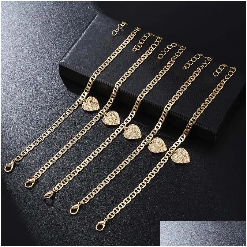 Anklets 26 English Initial Heart Anklet Chain Crystal Gold Chains Charm Foot Bracelets Letters Women Fashion Jewelry Will and Sandy Dhqti