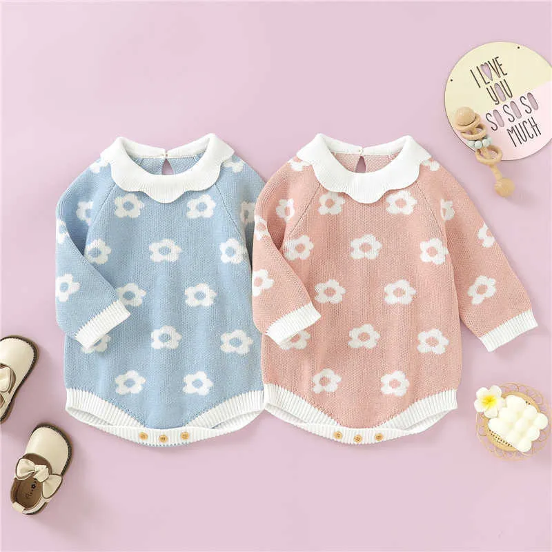 Jumpsuits 0-18 meter newborn baby girl floral knitted with long sleeve button warm autumn spring children's clothing jumpsuit G220606