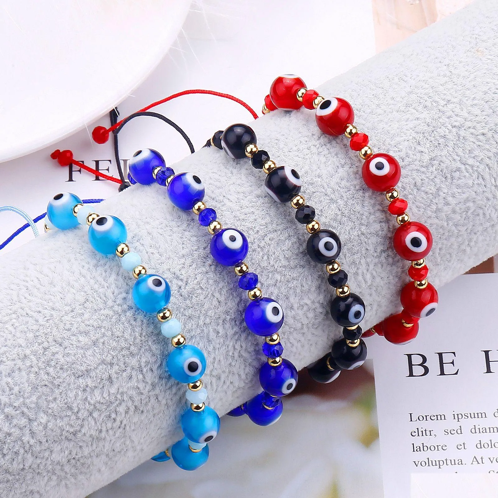 Urok Bracelets 1PC Classic Blue Evil Eye Palm Round Glass Koraliki Bransoletka życząca elastyczna linowa łańcuch dla damskiej biżuterii mody gif dhksa