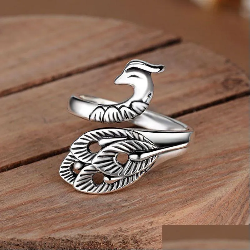 Band Ringen Vintage Zwart Sier Kleur Pauw Phoenix Vogel Ring Voor Vrouwen Maat Verstelbaar Roestvrij Staal Boho Stijl Vrouwelijke sieraden Dr Dhbgx