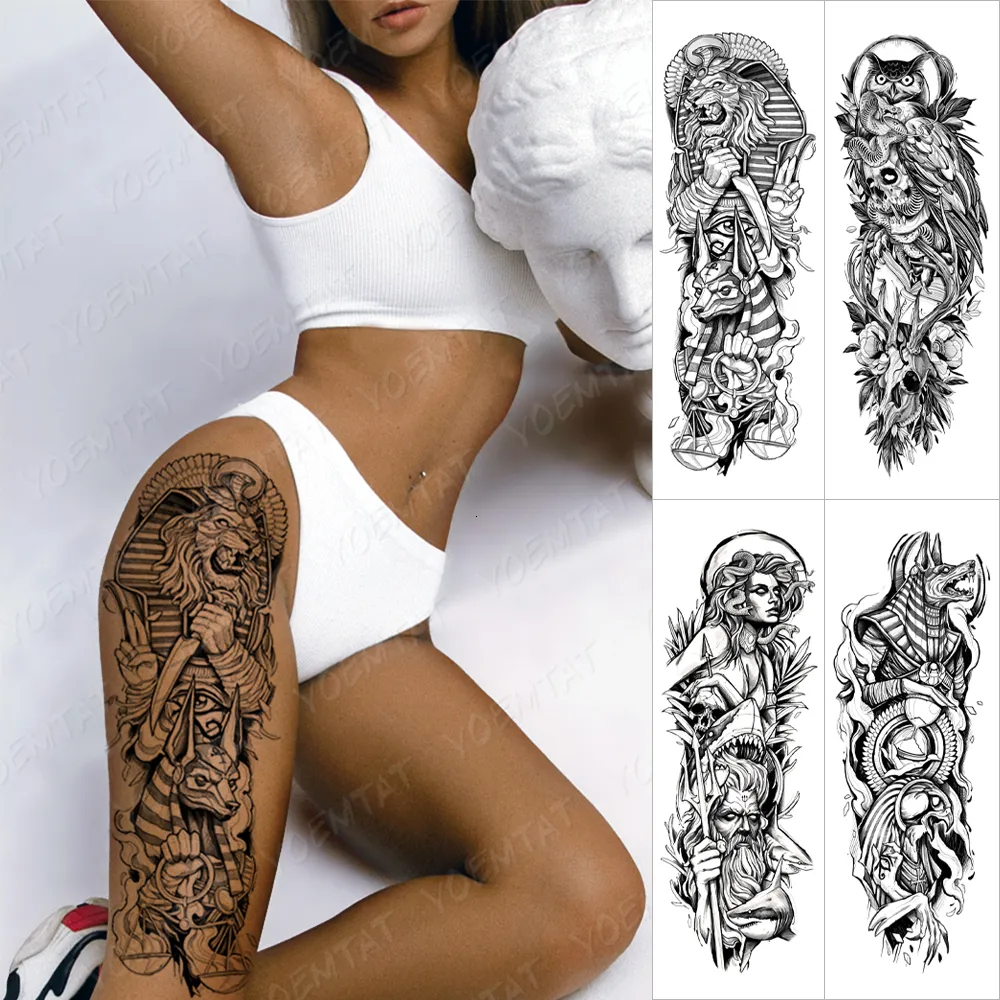 Tatuaggi temporanei Tatuaggio manica grande braccio Sfinge Anubis Egitto Tatto adesivo impermeabile L'occhio di Horus Wedjat Body Art Tatoo finto completo 230606
