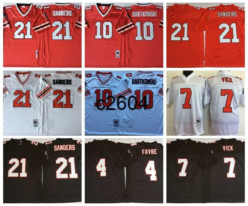 c2604 Vintage Mens 21 Deion Sanders Camisetas de fútbol 4 Brett Favre 7 Michael Vick 10 Steve Bartkowski Bordado Negro Rojo Jersey cosido M-XXXL