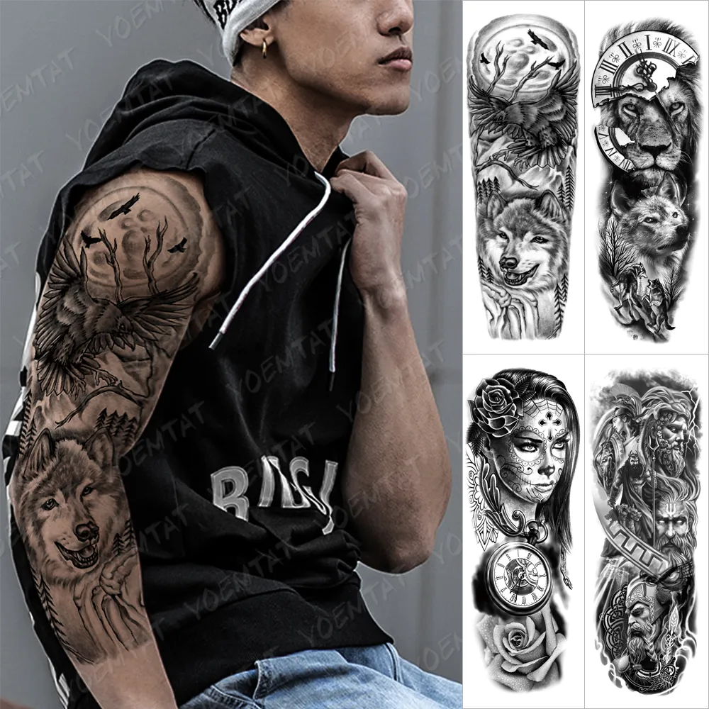 Tatouages temporaires Grand Bras Manches Tatouage Oiseau Corbeau Forêt Lune Étanche Tatto Autocollant Lion Loup Horloge Corps Art Complet Faux Tatoo Hommes 230606