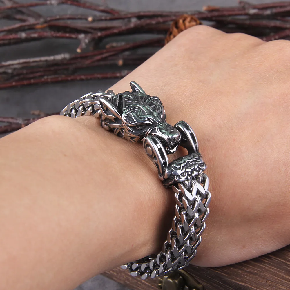 Viking Wolf Bracelet For Men Stainless Steel Mesh Chain With Viking Wolf Bracelet For Men Stainless Steel Mesh Chain With