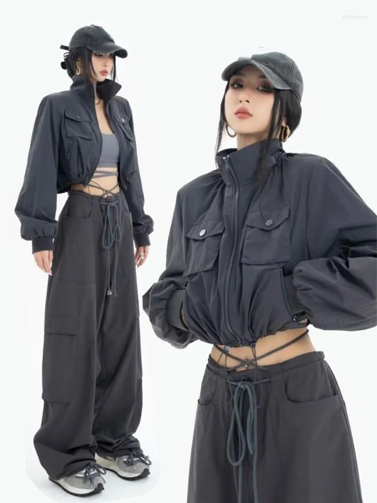 Women's Two Piece Pants Sets Solid Stand Collar Streetwear Zipper Tops Cargo Jacket Spring High Waist Lace Up Sexy Women Suit Y2k
