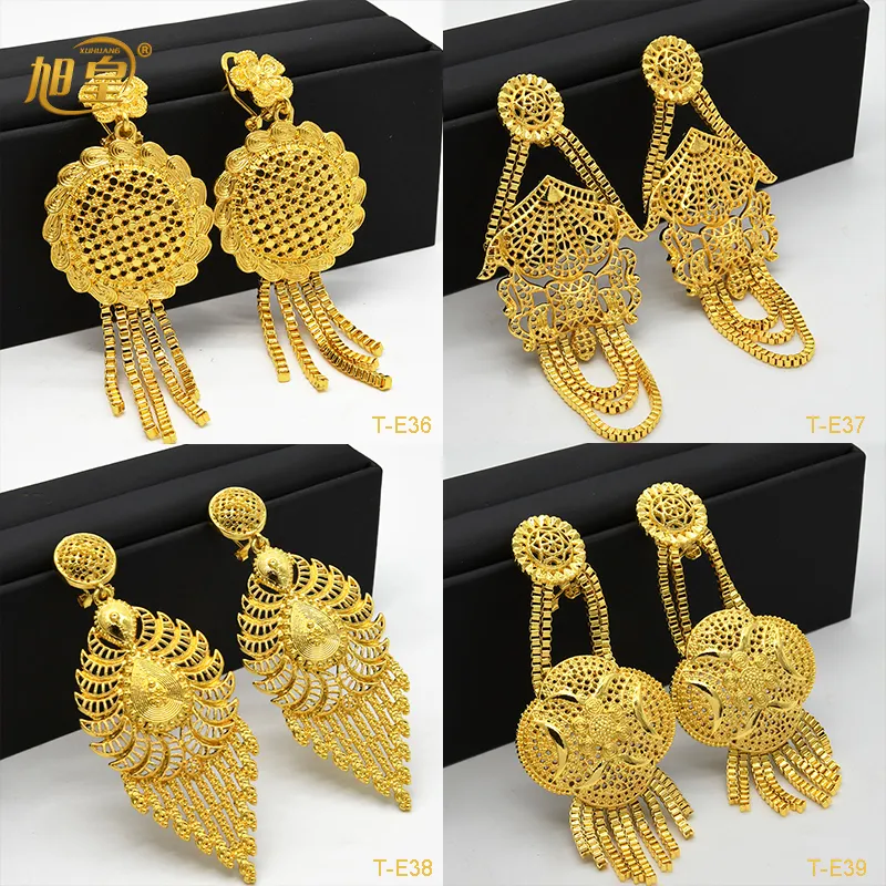 Dangle Chandelier Xuhuang Dubai 9,5 cm Big Drop Earring för kvinnor afrikansk 24k guldpläterad koppar örhänge lång bröllop bankett hängsmycken gåva 230605