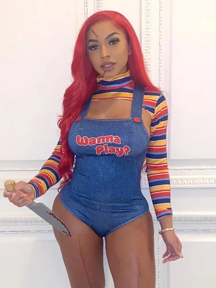 Calças femininas de duas peças hirigin trajes de Halloween para mulheres assustadoras boneca assassino pesadelo quer jogar personagem de filme bodysuit boneco Chucky conjunto de fantasias 230606