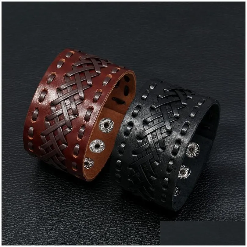Pulseira trançada larga rendada bandagem de couro com botão de punho ajustável pulseira para homens e mulheres joias da moda preto sutiã de entrega drop dhtr2