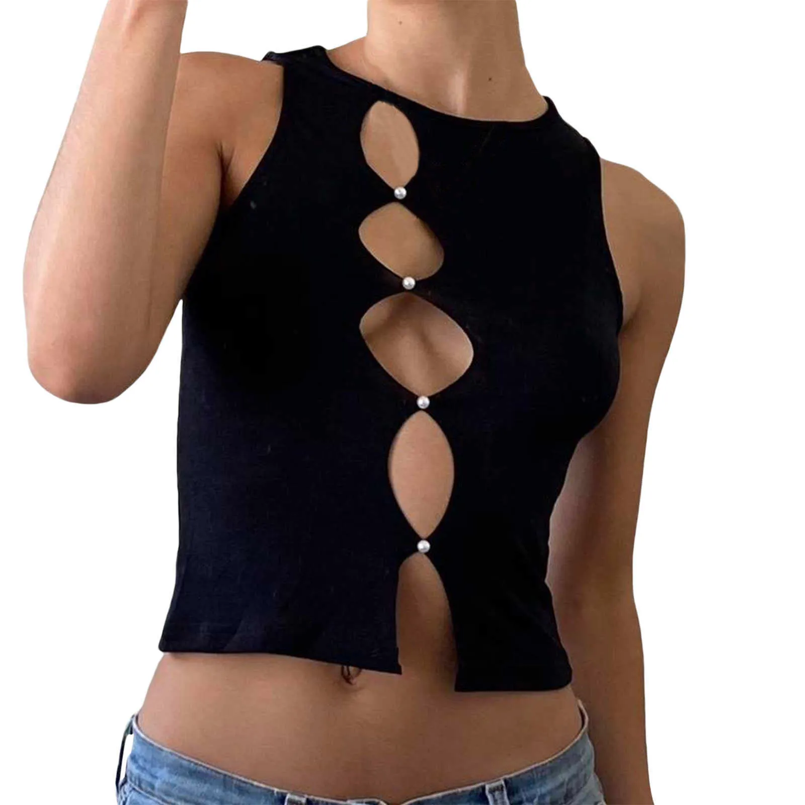 Tanks Camis Damen Einfarbig Tank Rundhalsausschnitt ärmellos Perlenverzierung hohl Sommer taillierte Weste freigelegt Navi Crop Top Straßenkleidung P230605