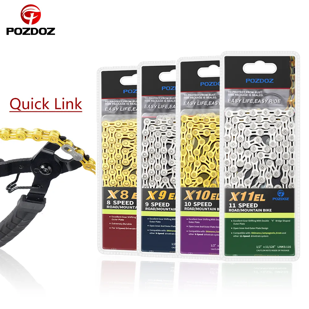 Bike Chains POZDOZ 8 9 10 11 12 Speed Bicycle Chain Gold Silver HalfFull Hollow Ultralight 116L 10s 11s 12s MTB Road Bike Chains Parts 230606
