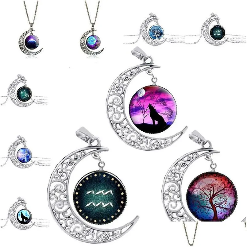 Pendant Necklaces Glass Cabochon Necklace Tree Of Life Galaxy Moon Horoscope Sign Wolf Fairy Pendants Fashion Jewlery Will And Sandy Dh5Cd