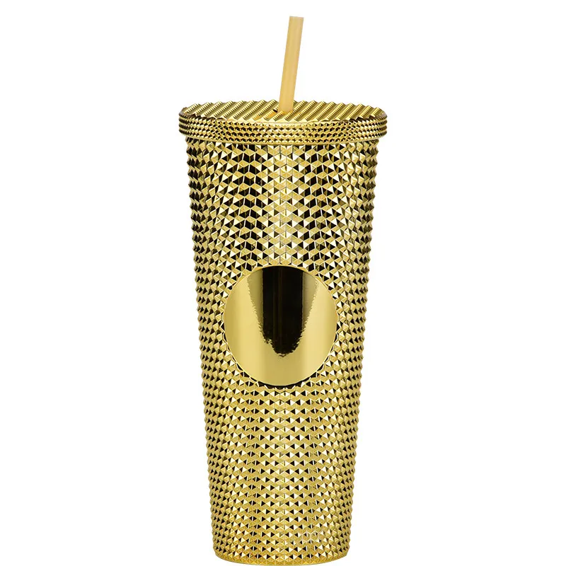 Double Layer Electroplating Plastic Tumblers with Straw Large Capacity Creative 710ml Durian Cup Piercing Hand Cup Acrylic Tumblers By UPS B0058