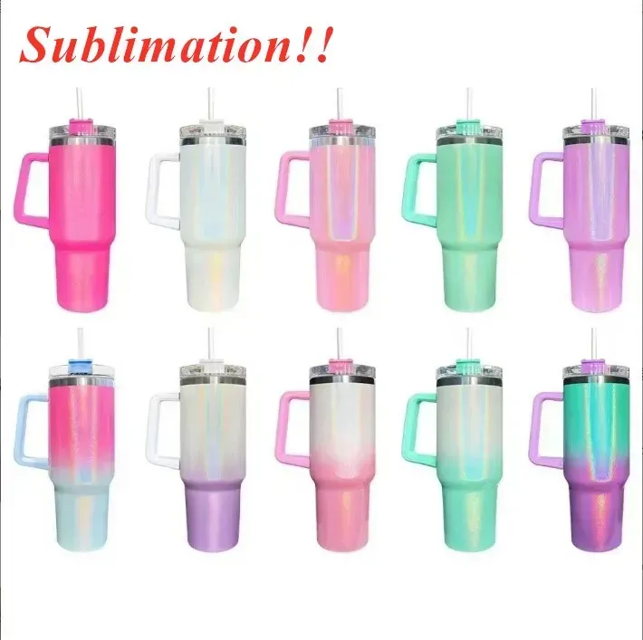 In stock! Sublimation 40oz Glitter Tumblers With Handle Stainless Steel Insulated Travel Coffee Mugs