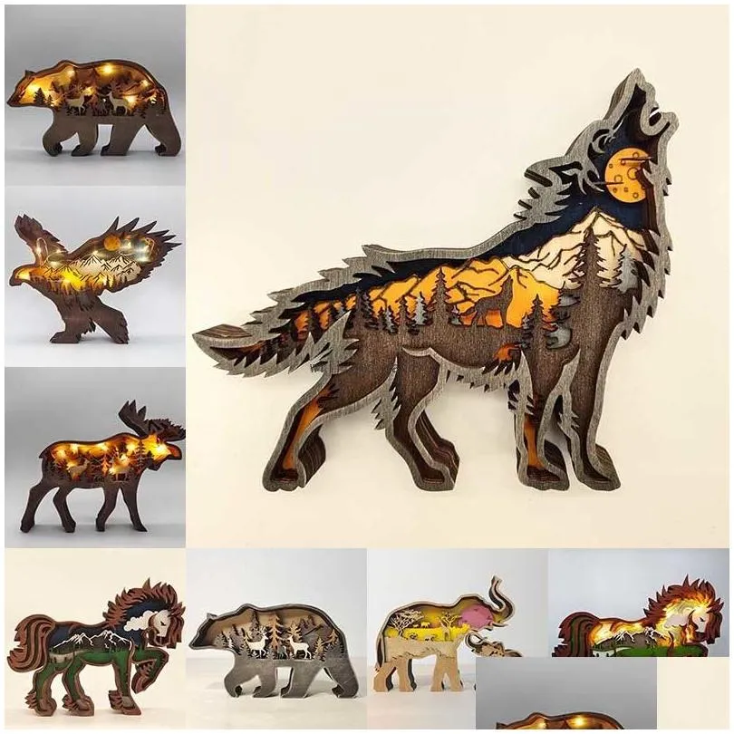 Other Home Decor Bear Wolf Deer Bird Eagle 3D Laser Cut Craft Wood Gift Art Crafts Forest Animal Table Decoration Statues Ornaments Dhjcy