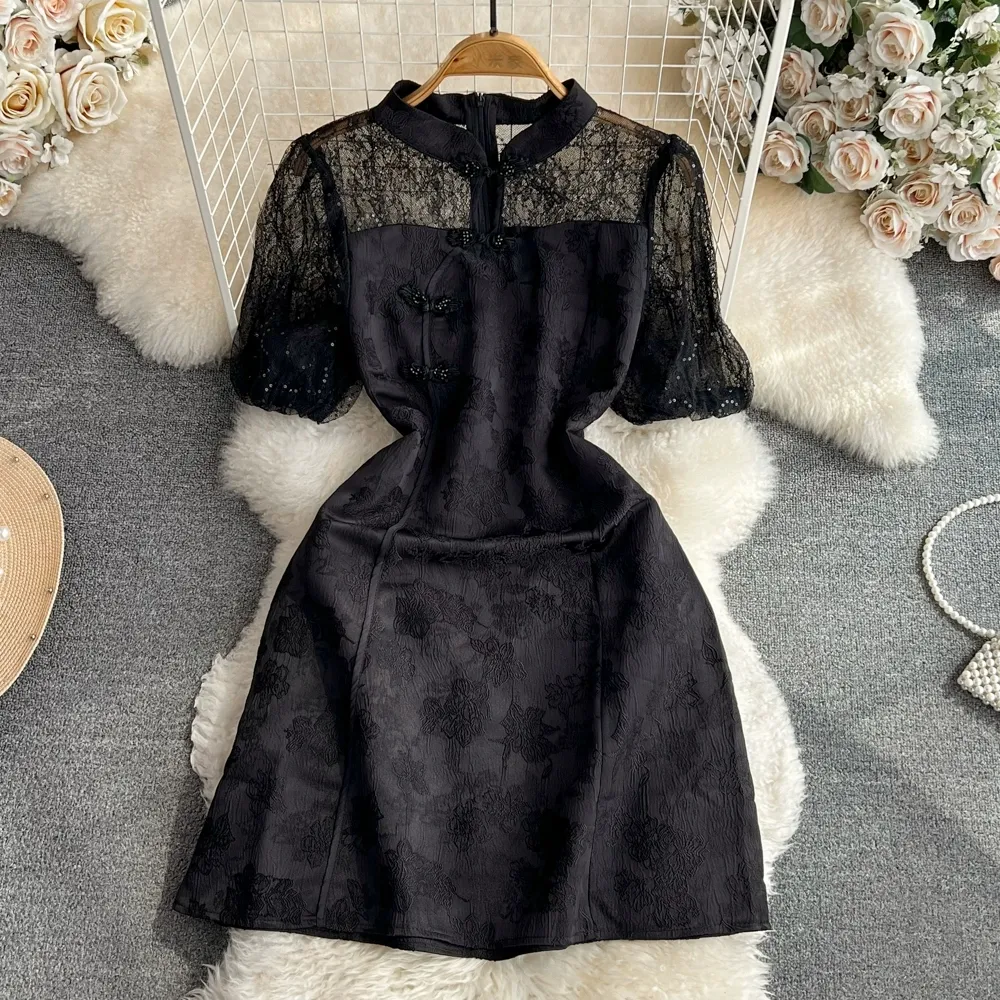 Summer Premium Retro Standing Neck Lace Splice Bubble Sleeve Waist A Line New Chinese Improved Qipao Dress