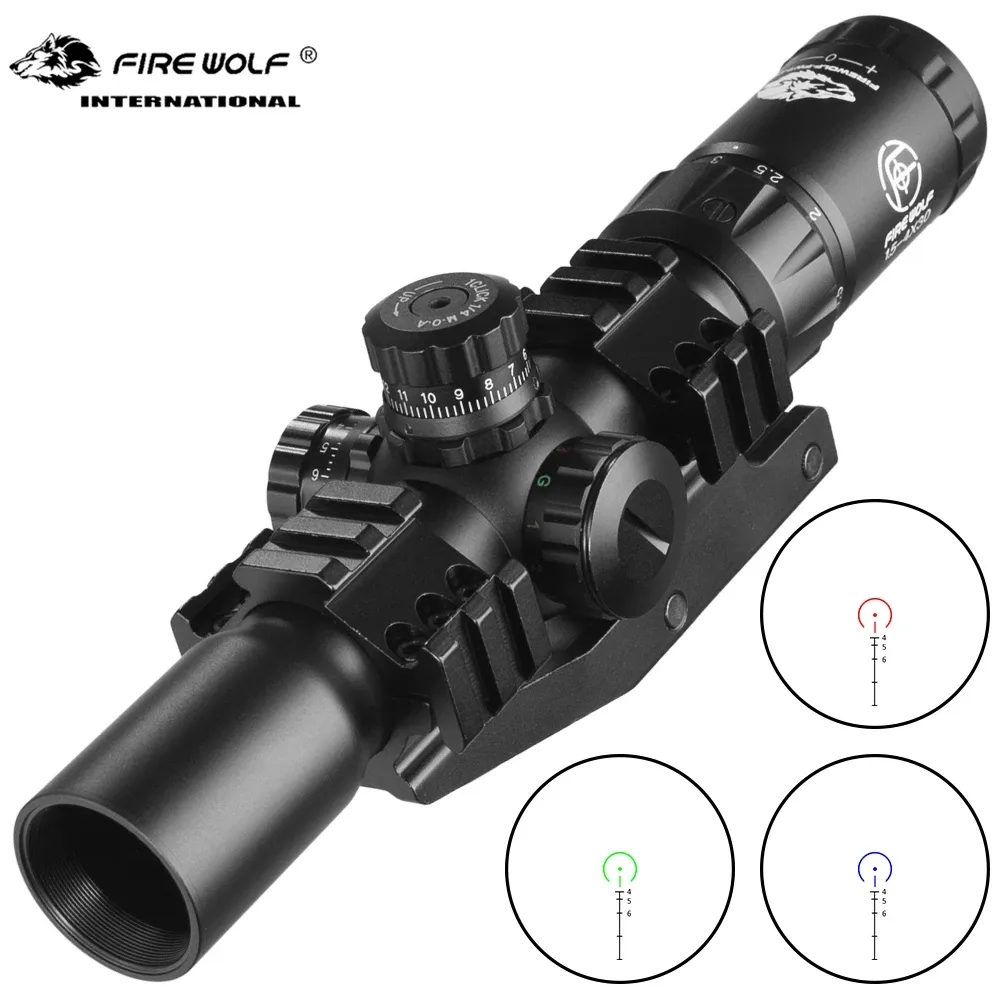 Mira de fuzil óptico tático de caça FIRE WOLF 1.5-4X30 com bloqueio de revólver cruzado verde iluminado vermelho Alcance Espelho Airsoft