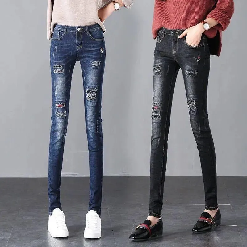 Jeans Jeans strappati blu strappati vintage da donna Pantaloni streetwear con foro Hip Hop a vita alta Pantaloni in denim dritti alla moda da donna