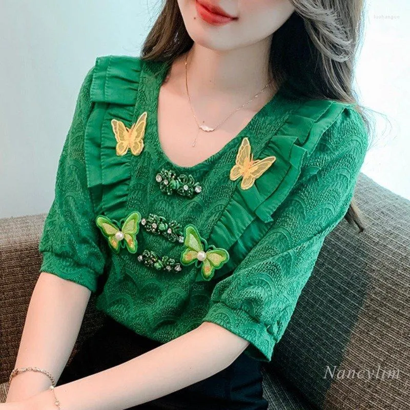 Blouses pour femmes 2023 été pull vert dentelle chemise pour femmes Style chinois boucle papillon haut dame à manches courtes Blusas