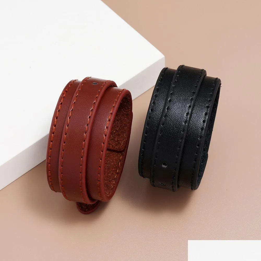 Bangle Black Pu Cuff Pin spänne justerbar Mtilayer Wrap Armband Wristand för män Kvinnor Will och Sandy Fashion Jewelry Drop Deliver Dhb2e
