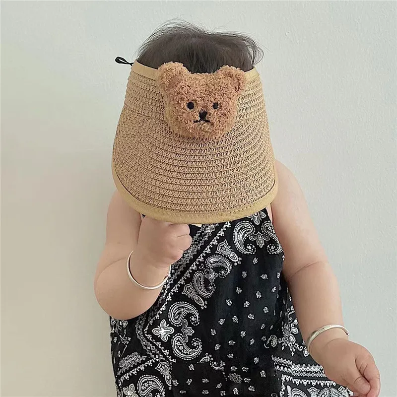 Kaps hattar härlig tecknad björn sommar baby strå hatt bomull barn pojke flickor justerbara mössor utomhus barn sol hattar småbarn andningsbar mössa 230606