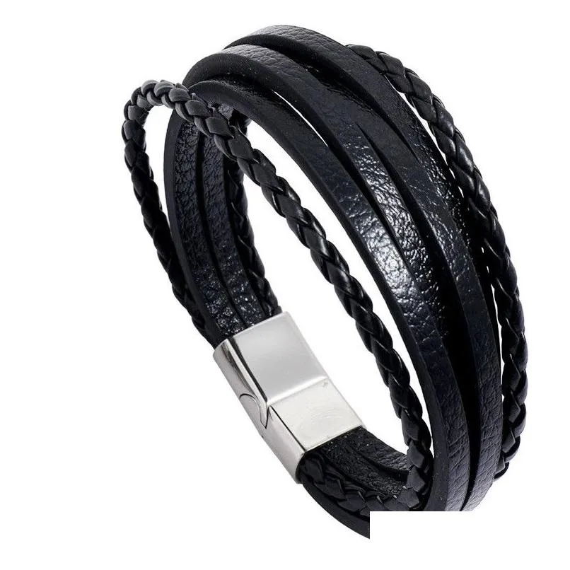 Charm Bracelets Retro Leather Mti Layer Wrap Bracelet Fivela de Aço Inoxidável Fashion Mens Bangle Cuff Wristband Jóias Will And San Dhiz9