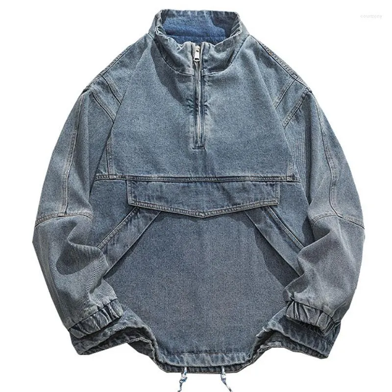 Heren Jassen Heren Halve Rits Opstaande Kraag Denim Trui Gewassen Losse Jeans Jas Harajuku Hip Hop Cowboy top Mannelijke