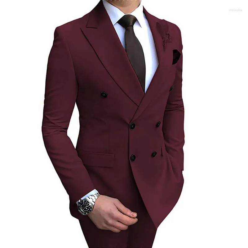 Men's Suits Men Suit Outfits Tuxedo Burgundy Peaked Lapel Double Breasted White Wedding Blazer Jacket Pants Slim Fit Costume Homme Coat