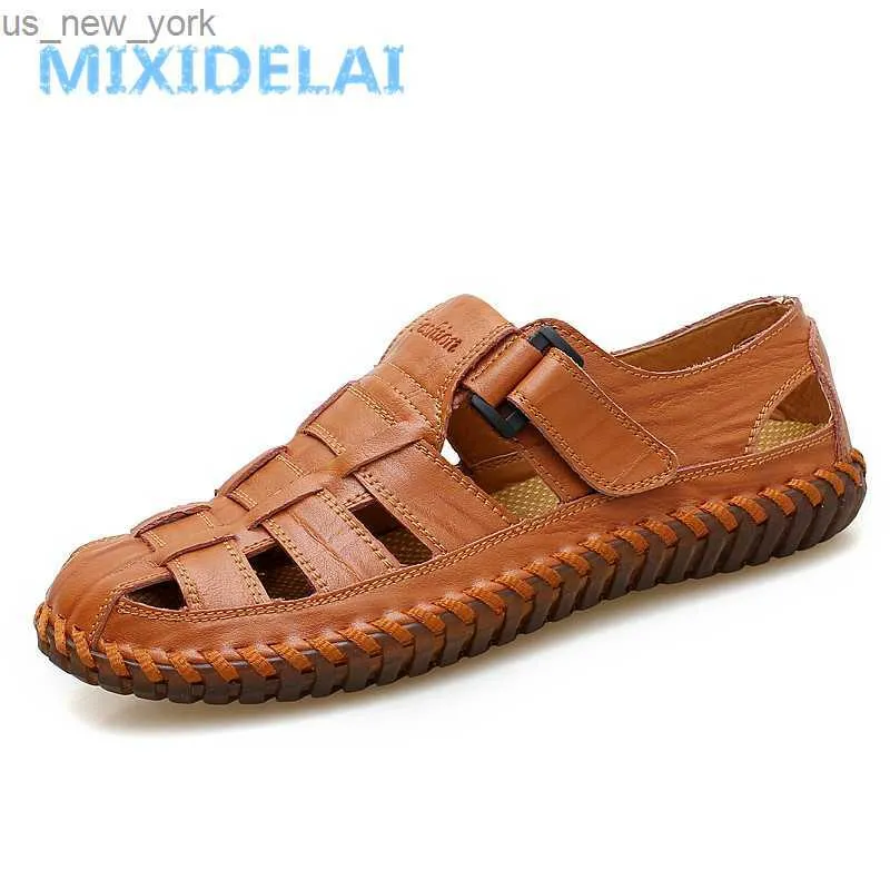 Mixidelai Summer Men Sandals 2023 레저 비치 남성 신발 고품질 진짜 가죽 샌들 남성용 샌들 큰 크기 39-47 L230518