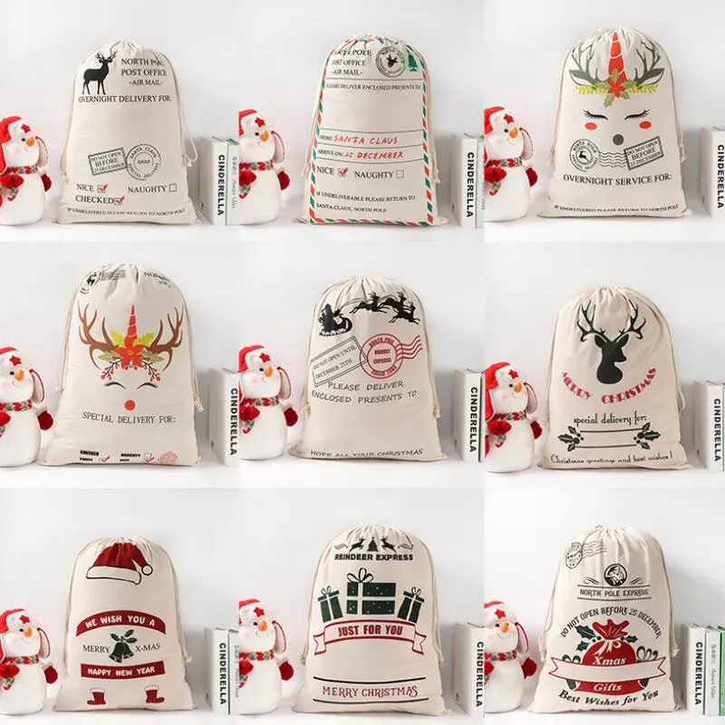 Noel Hediye Çantaları Noel Baba Monogrambable Santa Sack Drawstring Çantası Noel Claus Deer 9 Tasarımlar Stokta Toplu