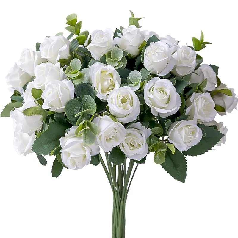 인공 꽃 실크 장미 흰색 유칼립투스 잎 모란 부케 가짜 꽃 결혼 테이블 파티 꽃병 홈 장식