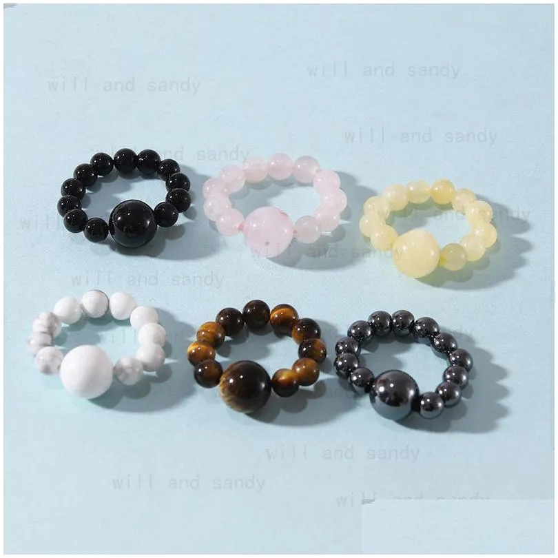 Band Rings Natural Stone Beads Elastic Rope Strand Tiger Eye Rose Quartz Crytal Nail Ring For Women Fashion Jewelry Drop Delivery Dhb48