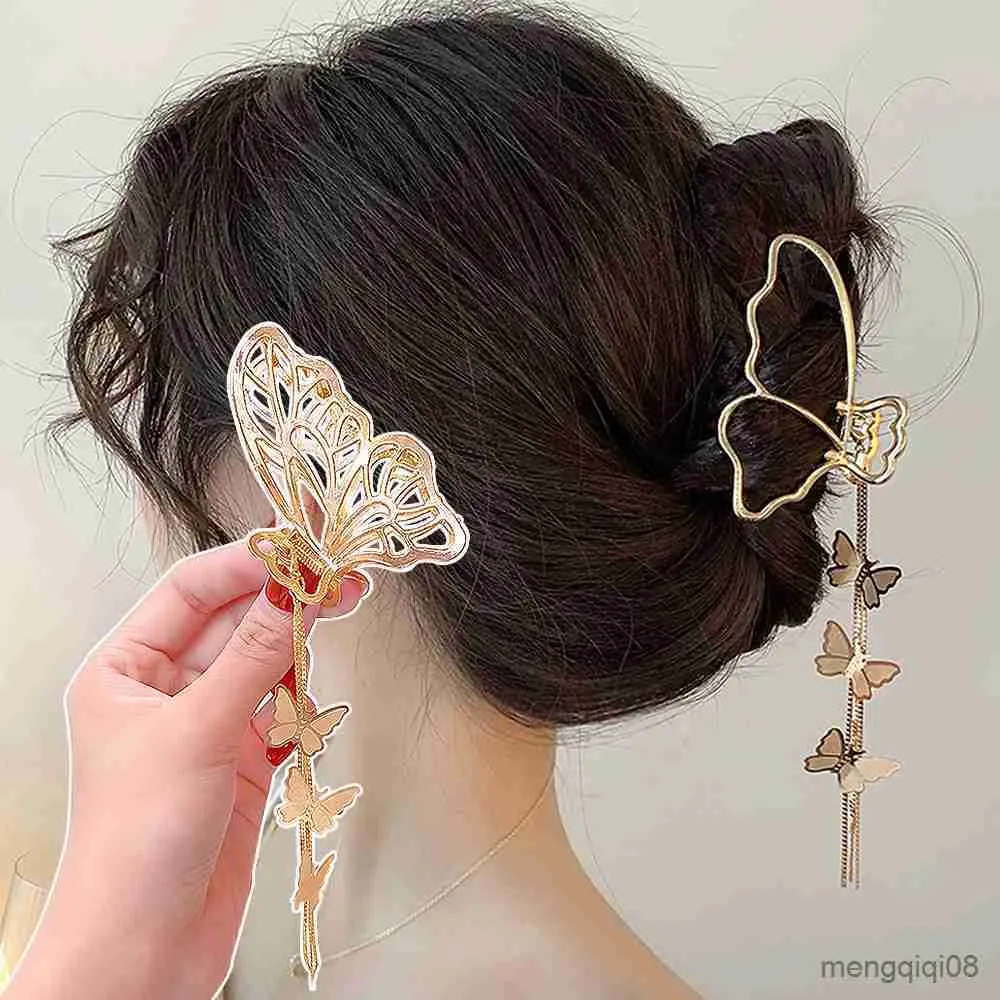 Andra metallfjärilar Elegant Golden Geometric Hair Crab Clip med Butterfly Tassel Girls Hair Accessories