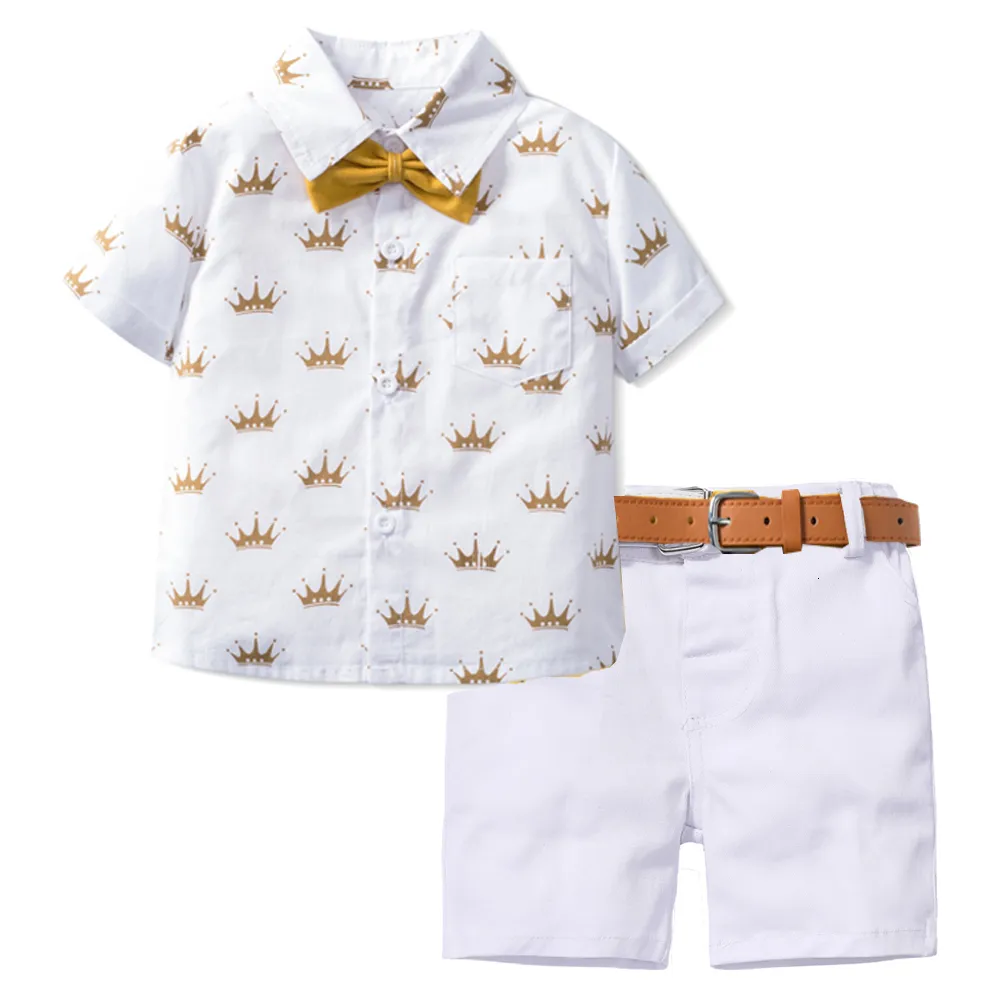 Clothing Sets Summer Kids Boys Formal Outfit Suit Crown Printed Shirt with Bow Leather Belt Boy Birthday Party Clothes Set 1 2 3 4 5 6 Years 230605