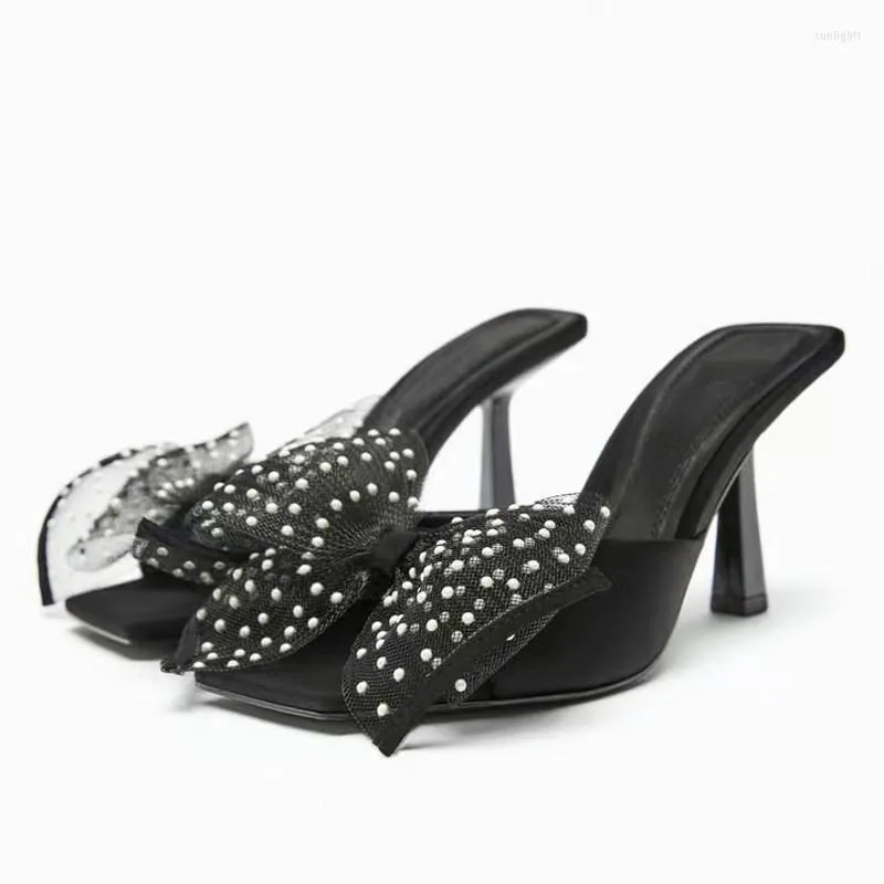 Sandals Summer Black Gauze Round Dot Bow Slingback Women's 2023 Square Head Peep Toe High Heels Shoes Fashion Sexy Slippers