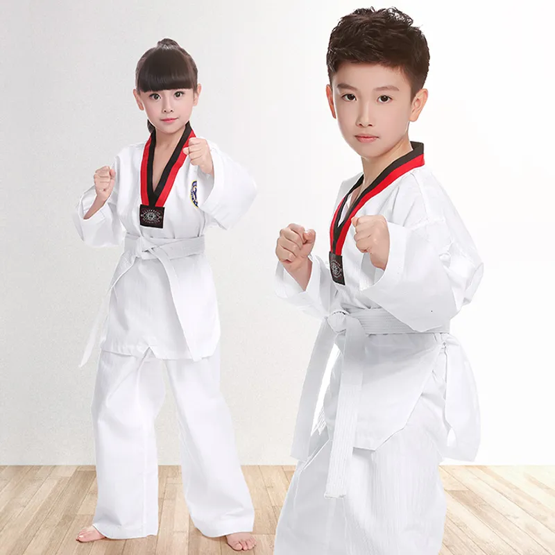 Set costumi tkd abbigliamento bianco uniforme da taekwondo wtf karate dobok vestiti bambini adulti unisex a maniche lunghe uniforme 230605