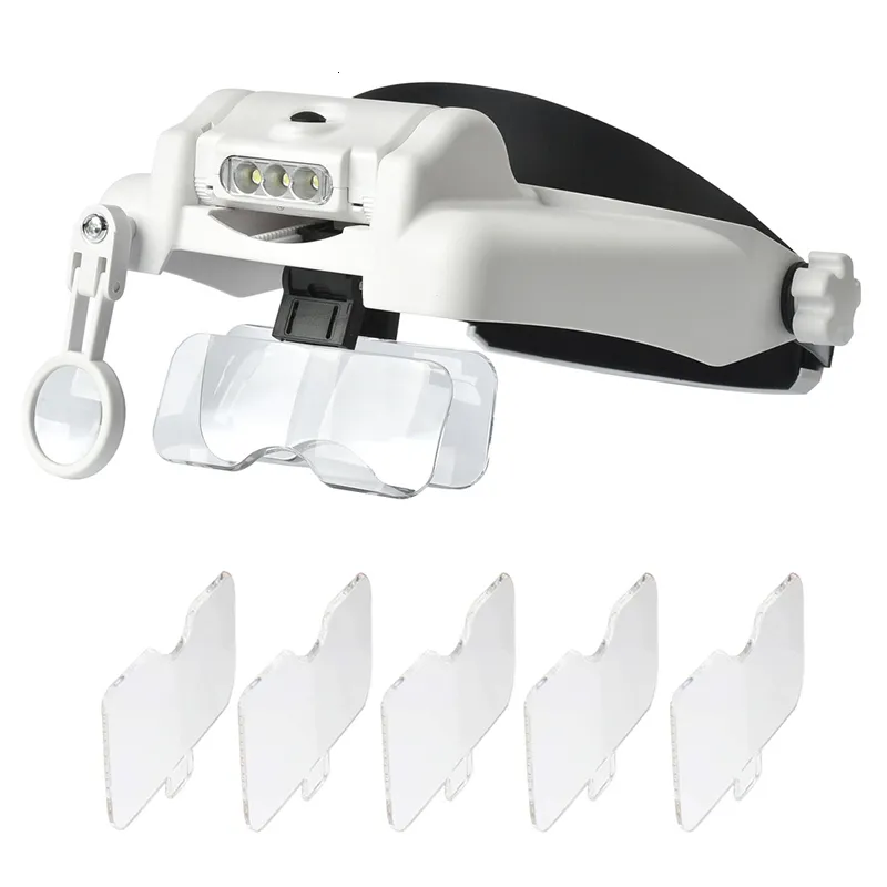 Lupas Lupa para cabeça Lupa multifuncional Led Lupa montada na cabeça com 5 lentes substituíveis Ferramenta de reparo de relojoeiro 230606