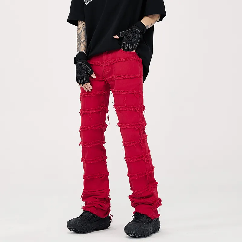 Mens Jeans Streetwear Red White Balck Men Slim Straight Ripped Hole Patchwork vecke Hip Hop Punk Rock Pants Y2K Denim Trousers 230606