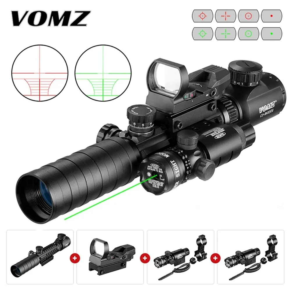 VOMZ 3-9X32 EG Hunting Tactical Rifle Scope Mira óptica Red Illuminated Riflescope Holográfico 4 Retículo Green dot Combo