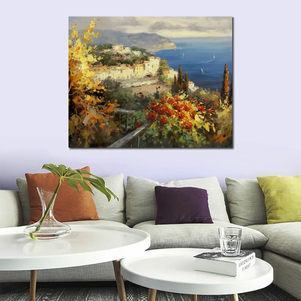 Contemporary Village Landscape Mediterranean Seascape Handmade Impressionist Canvas Art for Hotel Lobby Wall