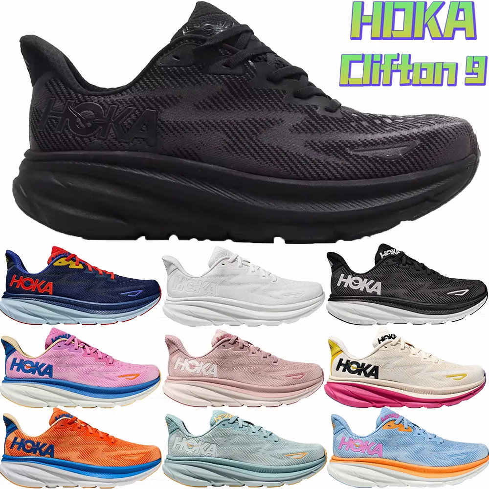 Mens Fashion Hoka One Clifton 9 운동화 트리플 블랙 흰색 벨 웨더 블루 옅은 연마 생동감있는 오렌지 디자이너 남녀 여성 트레이너 EUR 36-45