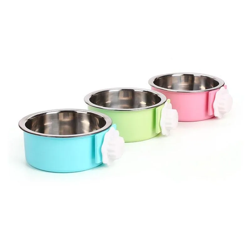 Dog Bowls matare rostfritt stål Pet Cat Lock On Cage Feed Drink Supplies Will och Sandy Drop Ship Leverans Home Garden Dhatu