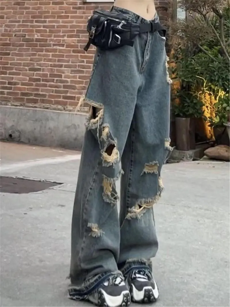 レディースジーンズブルーリッピングウーマンズボンスプリングルーズフェムファッションストリートウェアパンク面白いハラジュクジャパンクールストレートガール